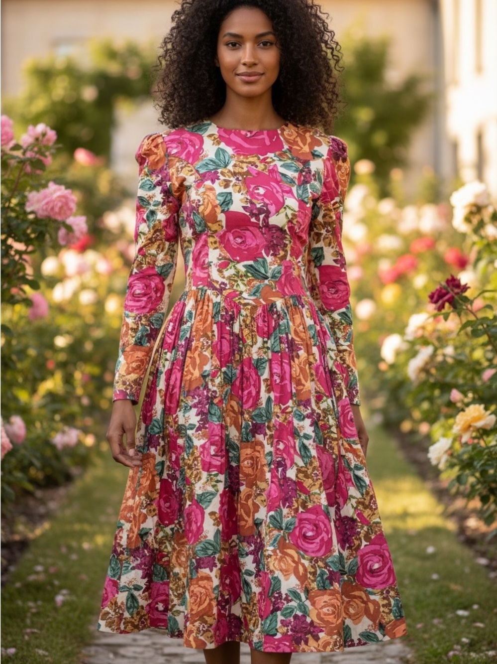 Vintage 90s Floral Long-Sleeve Maxi Dress in Pink & Orange Floral, Basque Waist